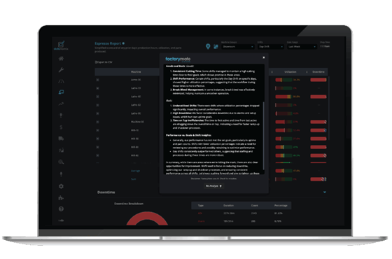 FactoryMate in the Espresso ReportIn our simplified scorecard of any prior day’s production performance, FactoryMate will focus on the key areas: uptime, part counts, and the time on tap metrics—first active, last active, and break bleed. It will share both the good and bad news, provide an overall shift performance, and recommend areas for improvement. 